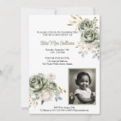 アイボリーセージ緑のバラフローラ80th誕生日フォト 招待状 (正面)