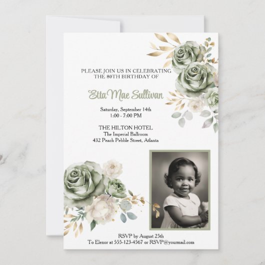 アイボリーセージ緑のバラフローラ80th誕生日フォト 招待状 (正面)
