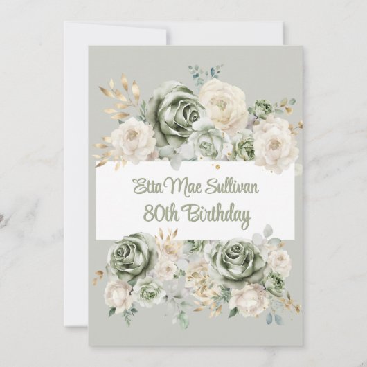 アイボリーセージ緑のバラフローラ80th誕生日フォト 招待状 (裏面)