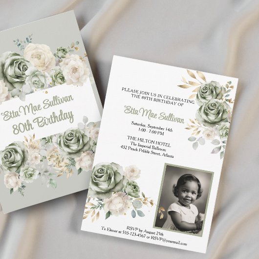 アイボリーセージ緑のバラフローラ80th誕生日フォト 招待状