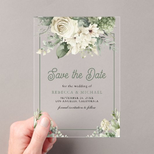 アイボリーセージ緑のフローラ結婚式の日付を保存 アクリル招待状 (インサイチュ (ポータブル))