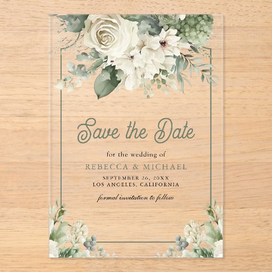 アイボリーセージ緑のフローラ結婚式の日付を保存 アクリル招待状 (正面)