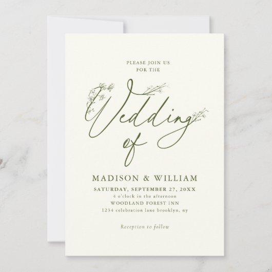 アイボリーセージ緑の繊細なラインアート結婚フローラ 招待状 (正面)