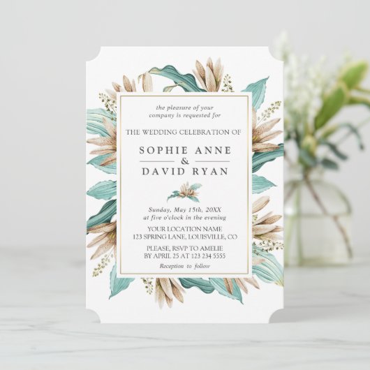 アイボリーターコイズリリーフラワージオメトリック結婚ス 招待状 (スタンド正面)