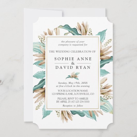 アイボリーターコイズリリーフラワージオメトリック結婚ス 招待状 (正面)