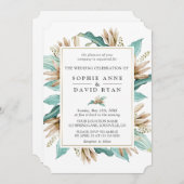 アイボリーターコイズリリーフラワージオメトリック結婚ス 招待状 (正面/裏面)