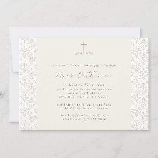 アイボリーダマスクリームクロス《キリスト教》洗礼式や命名式/バプテスマ 招待状 (正面)