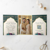 アイボリーティール（緑がかった色）ピーコックパターンフローラ結婚インディアン 三つ折り招待状 (内部)