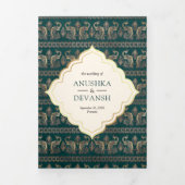 アイボリーティール（緑がかった色）ピーコックパターンフローラ結婚インディアン 三つ折り招待状 (カバー)