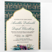 アイボリーティール（緑がかった色）ピーコックパターンフローラ結婚インディアン 三つ折り招待状 (内部最初)