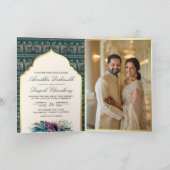 アイボリーティール(緑がかった色)ピーコックパターンフローラ結婚インディアン 招待状 (内部)