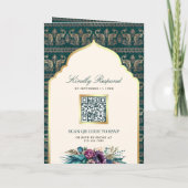 アイボリーティール(緑がかった色)ピーコックパターンフローラ結婚インディアン 招待状 (裏面)