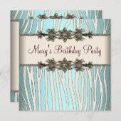 アイボリーティール(緑がかった色)ブルーゼブラウーマンバースデーパーティー 招待状 (正面/裏面)