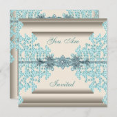 アイボリーティール（緑がかった色）ブルーダイヤモンドブラックタイパーティー 招待状 (正面/裏面)