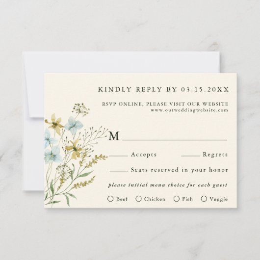 アイボリーデリケートモダンワイルドフラワー結婚ボホ 出欠カード (正面)