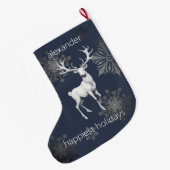アイボリートナカイのクリスマス | 青パーソナライズされた ラージクリスマスストッキング (裏面 (吊り時))