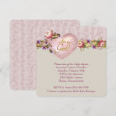 アイボリーハートフラワーピンクダマスクベビーシャワー 招待状 (正面/裏面)
