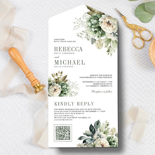 アイボリーバラセージグリーンフローラQRコード結婚ズ オールインワン招待状