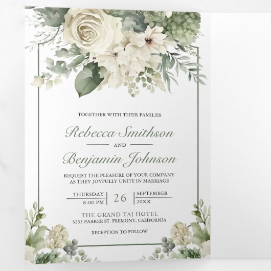 アイボリーバラセージ緑のフローラ写真QRコード結婚s 三つ折り招待状 (内部最初)