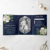 アイボリーバラ植物写真ネイビーブルー結婚ズ 三つ折り招待状 (内部)