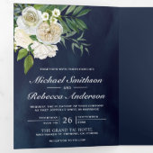 アイボリーバラ植物写真ネイビーブルー結婚ズ 三つ折り招待状 (内部最初)