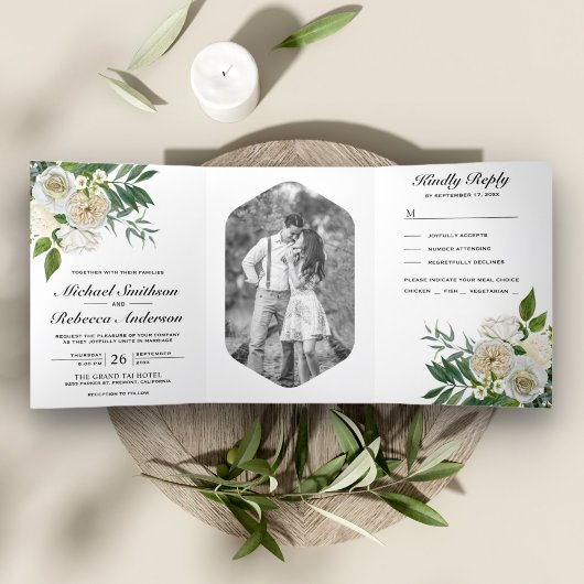 アイボリーバラ植物写真白フローラ結婚ズ 三つ折り招待状