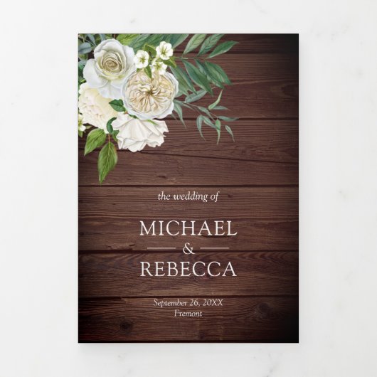 アイボリーバラ植物写真素朴ウッド結婚ズ 三つ折り招待状 (カバー)