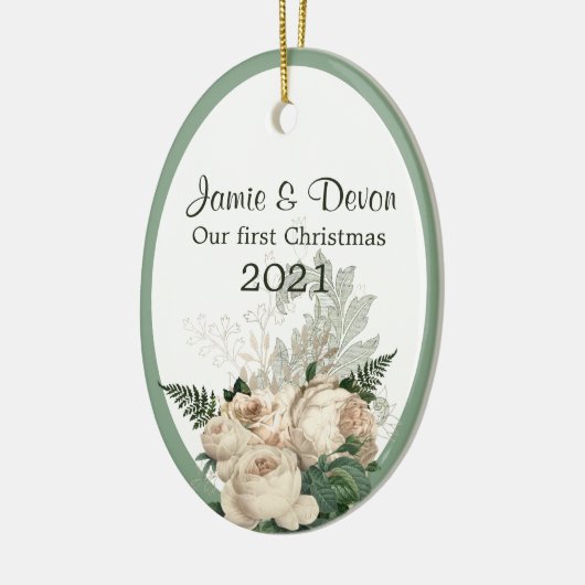 アイボリーバラ結婚新初めてのクリスマス セラミックオーナメント (左)