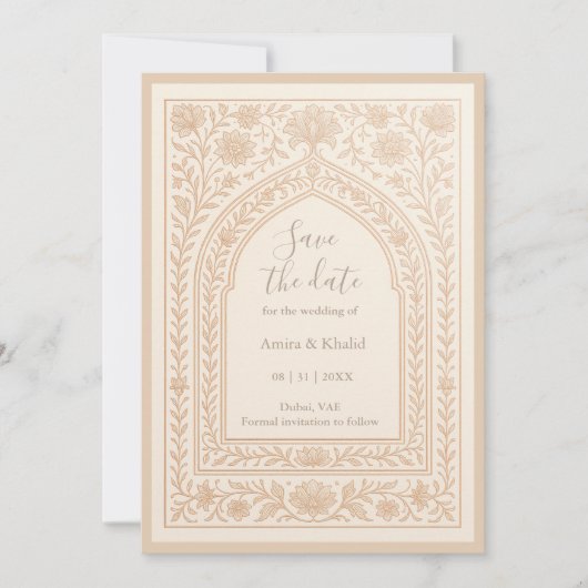 アイボリーバラ金ゴールドアラビアのアーチ結婚式の日付を保存 招待状 (正面)