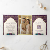アイボリーパープルピーコックパターンフローラ結婚インディアン 三つ折り招待状 (内部)