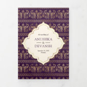 アイボリーパープルピーコックパターンフローラ結婚インディアン 三つ折り招待状 (カバー)