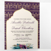 アイボリーパープルピーコックパターンフローラ結婚インディアン 三つ折り招待状 (内部最初)