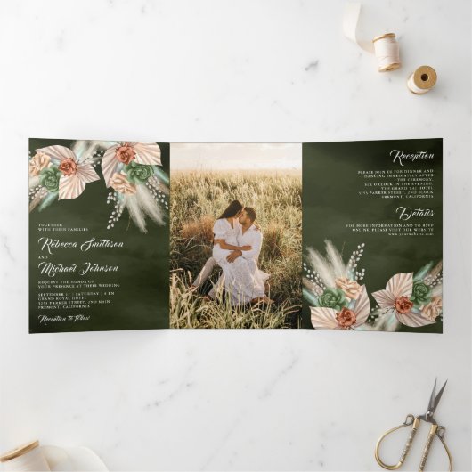 アイボリーパーム自然フローラパンパスセージグリーン結婚ズ 三つ折り招待状 (内部)