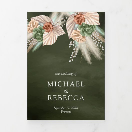 アイボリーパーム自然フローラパンパスセージグリーン結婚ズ 三つ折り招待状 (カバー)