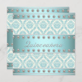 アイボリーパールティール(緑がかった色)ブルーホワイトダマスクキンセアニェラ 招待状 (正面/裏面)