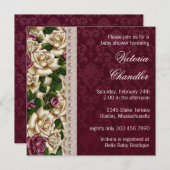 アイボリーパールピンクのローズダマスクベビーガールシャワー 招待状 (正面/裏面)