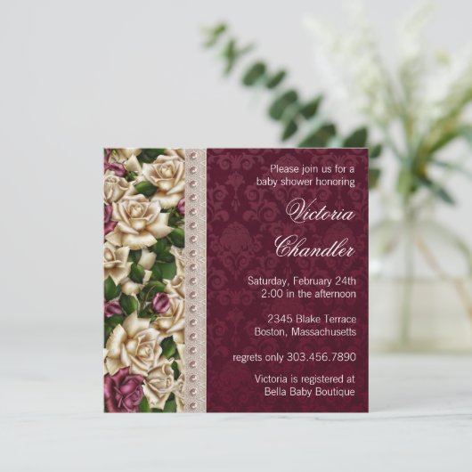 アイボリーパールピンクのローズダマスクベビーガールシャワー 招待状 (スタンド正面)