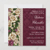 アイボリーパールピンクのローズダマスクベビーガールシャワー 招待状 (正面)