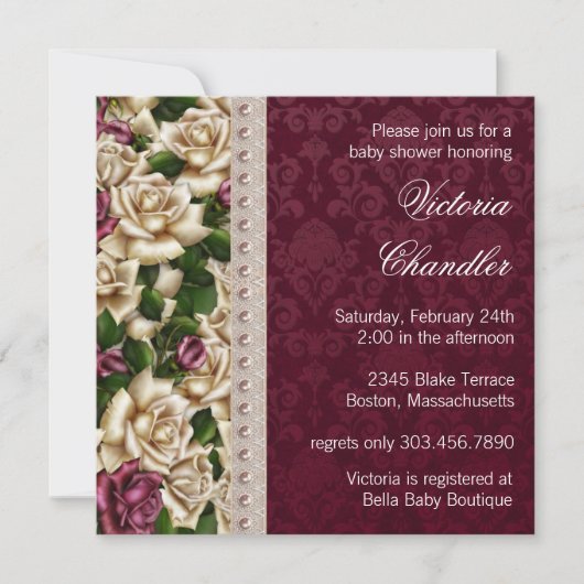 アイボリーパールピンクのローズダマスクベビーガールシャワー 招待状 (正面)