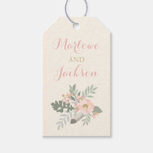 アイボリーピンクと金ゴールドフローラボホ結婚のモノグラム ギフトタグ (正面)
