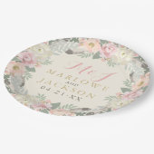 アイボリーピンクと金ゴールドフローラボホ結婚のモノグラム ペーパープレート (アングル)