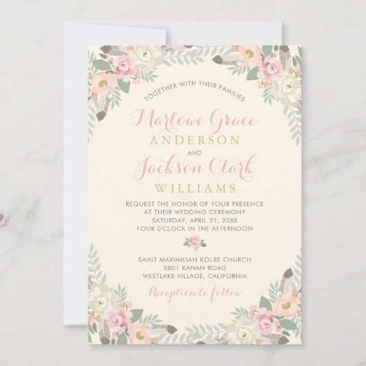 アイボリーピンクと金ゴールドフローラボホ結婚ズ 招待状 (正面)