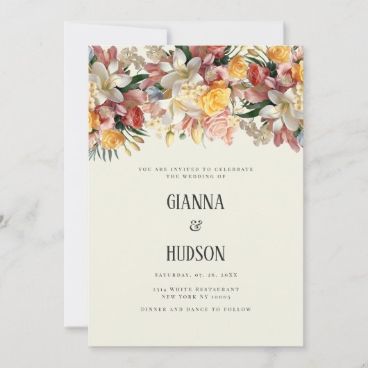 アイボリーピンクのバラのユリの蘭のフローラ結婚ズ 招待状 (正面)