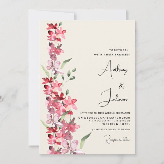 アイボリーピンクのブルゴーニュのミントグリーン結婚フローラ 招待状 (正面)