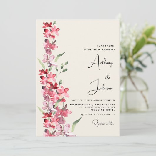 アイボリーピンクのブルゴーニュのミントグリーン結婚フローラ 招待状 (スタンド正面)