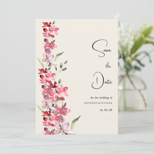 アイボリーピンクのブルゴーニュのミントフローラ日付を保存 招待状 (スタンド正面)