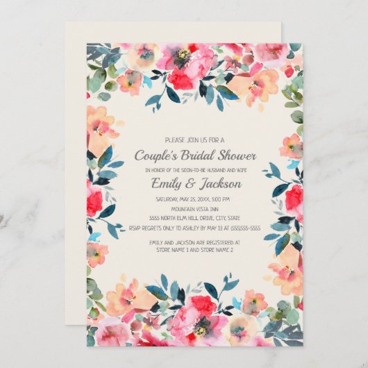 アイボリーピンク春フローラカップルのブライダルシャワー 招待状 (正面/裏面)
