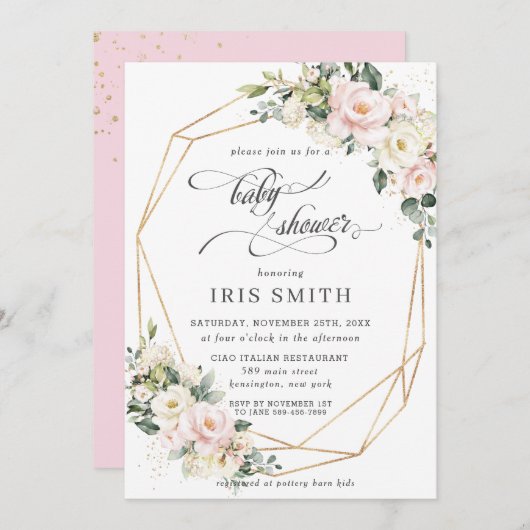 アイボリーピンク赤面フローラ幾何学的ベビーシャワー 招待状 (正面/裏面)