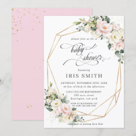 アイボリーピンク赤面フローラ幾何学的ベビーシャワー 招待状