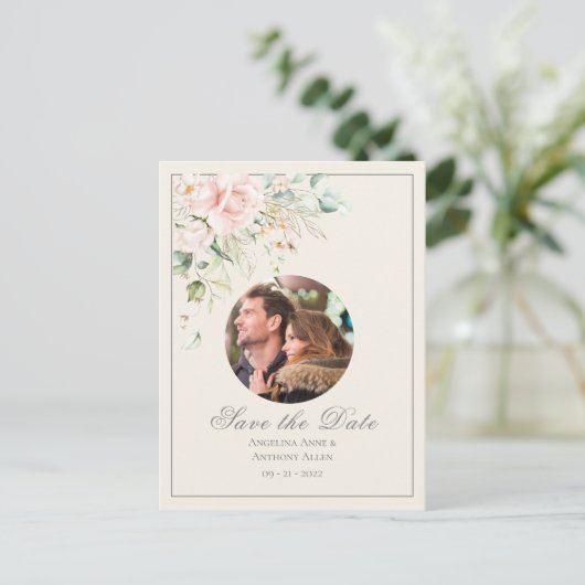 アイボリーピンク赤面水彩写真フローラ結婚 案内ポストカード (スタンド正面)